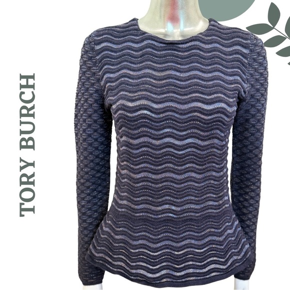 Tory Burch Textured Wool Blend Knit Long Sleeve Sweater Metallic Thread – Small - Picture 3 of 7